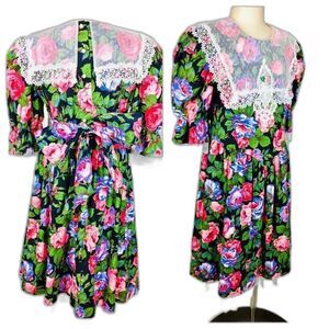 Jinelle Vintage 80s Colorful Floral Lace Sailor Collar Cottagecore Tea Dress